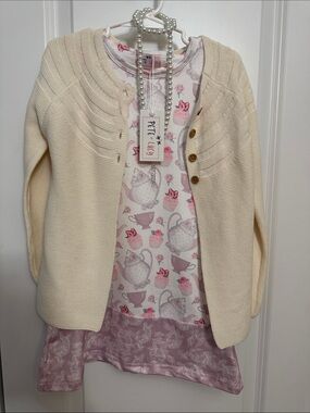 Cream Cardigan with Pink Tea-Print Dress - Girls